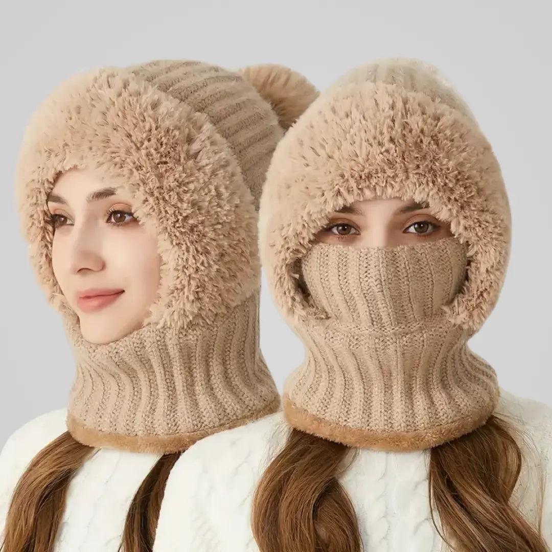 Knitted balaclava with plush lining for women, full coverage head and neck style