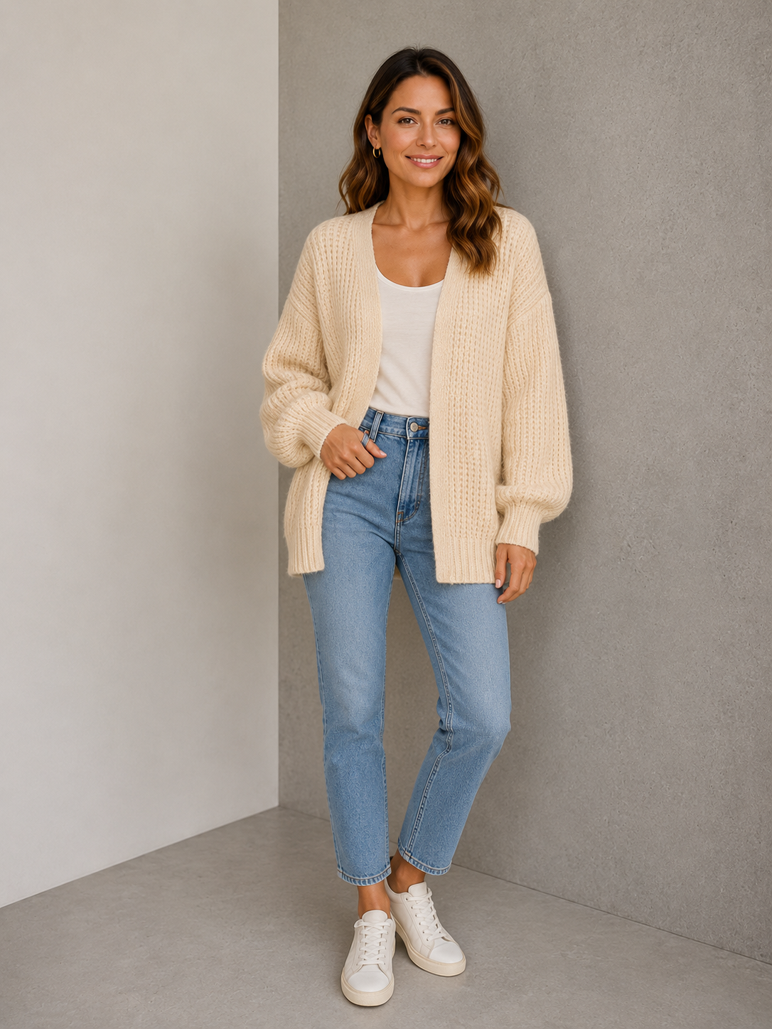 Beige chunky knit cardigan women open front