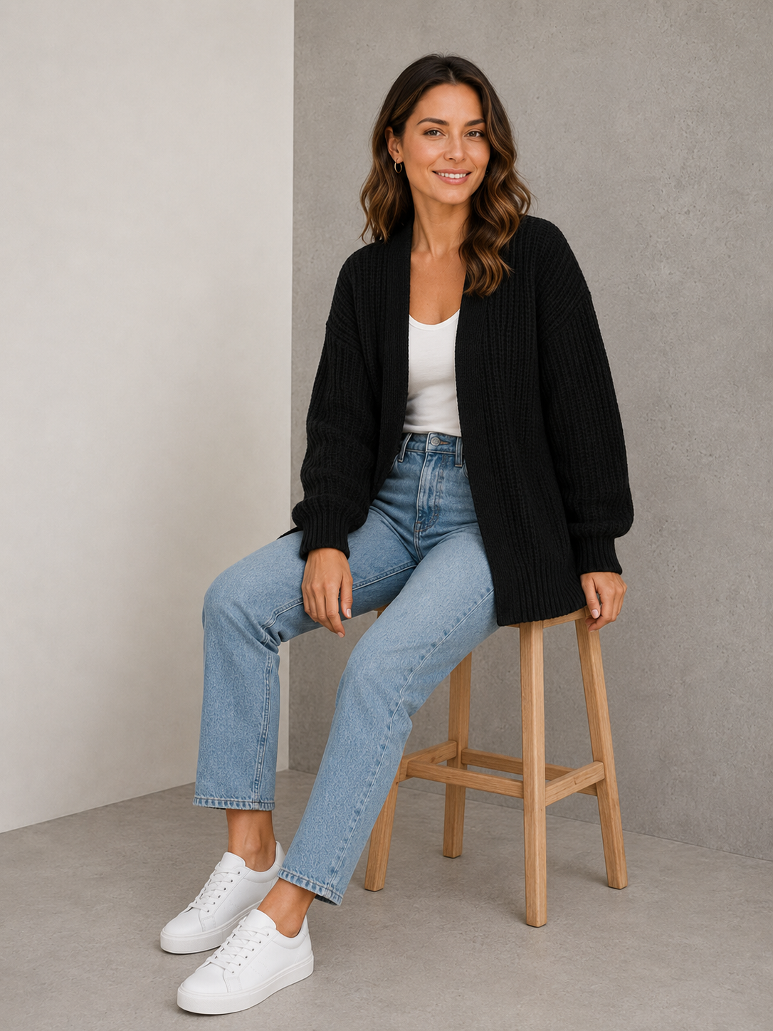 Black chunky knit cardigan women open front