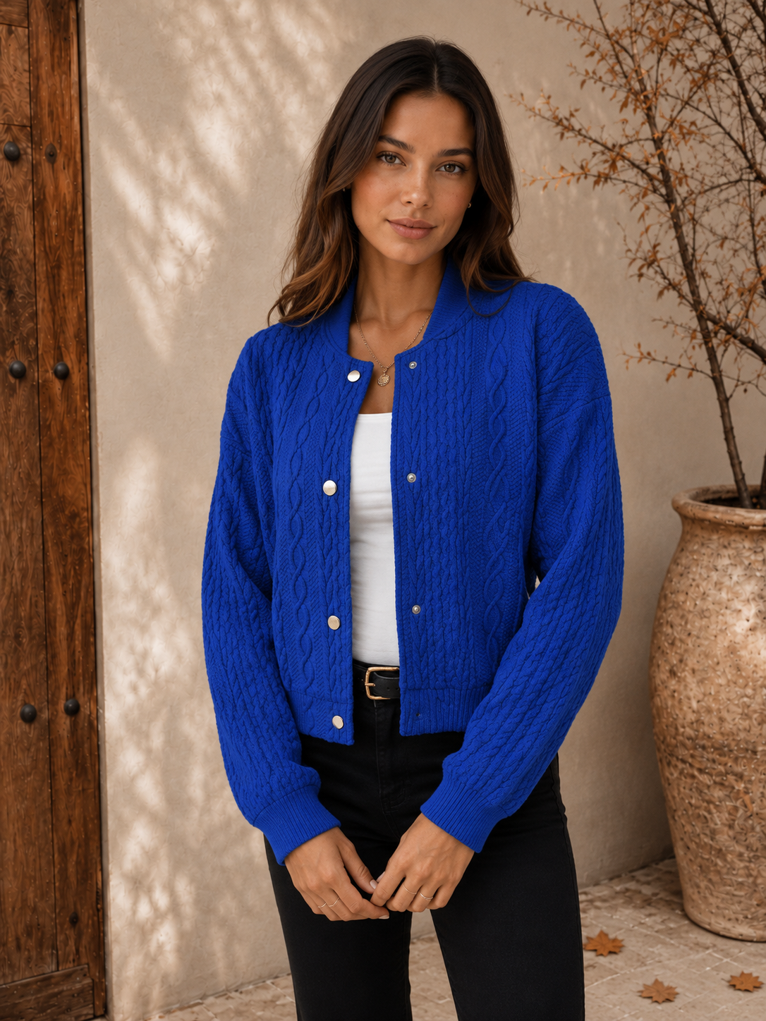 Blue cable knit snap-button cardigan for women