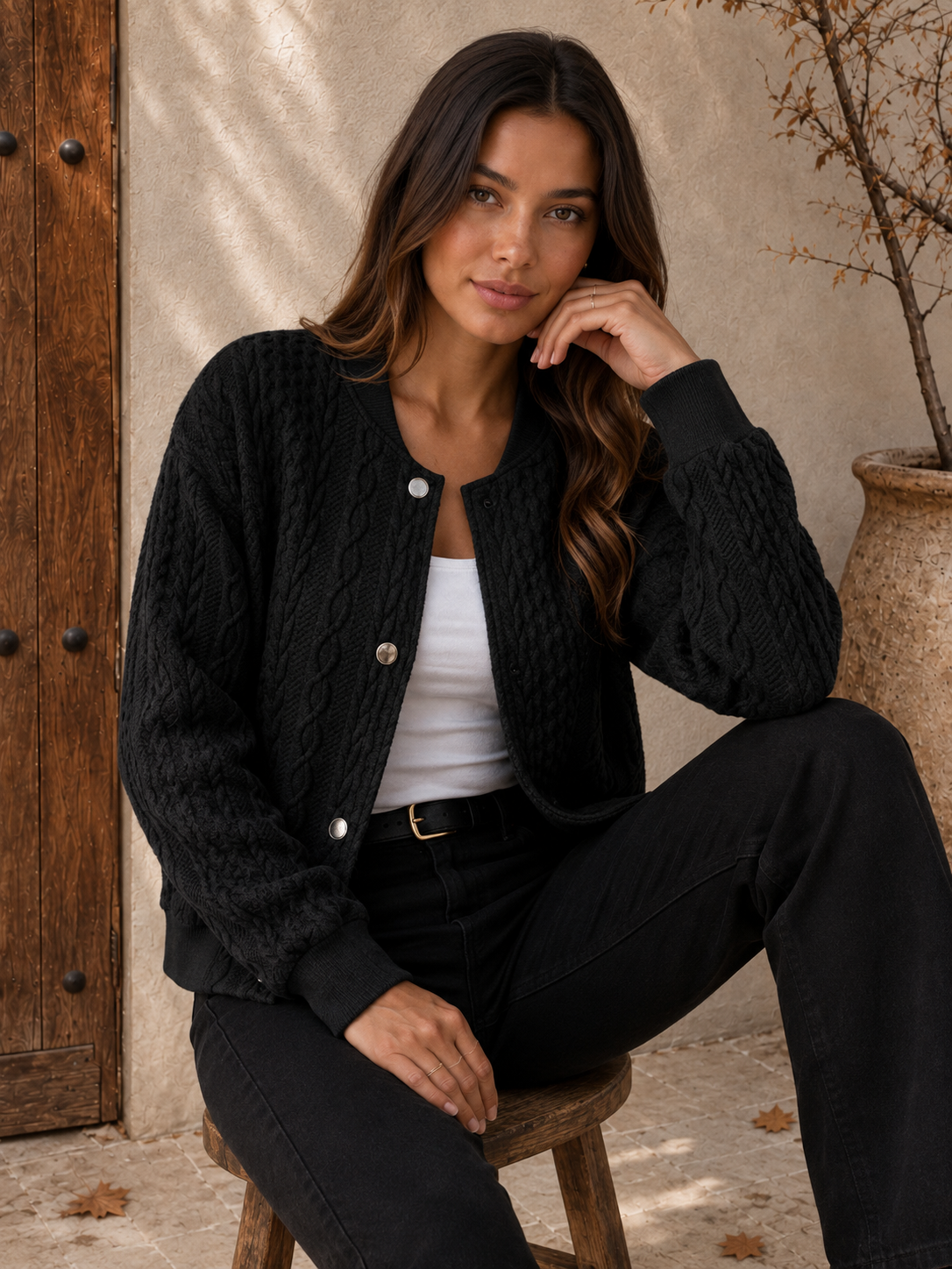 Black cable knit snap-button cardigan for women