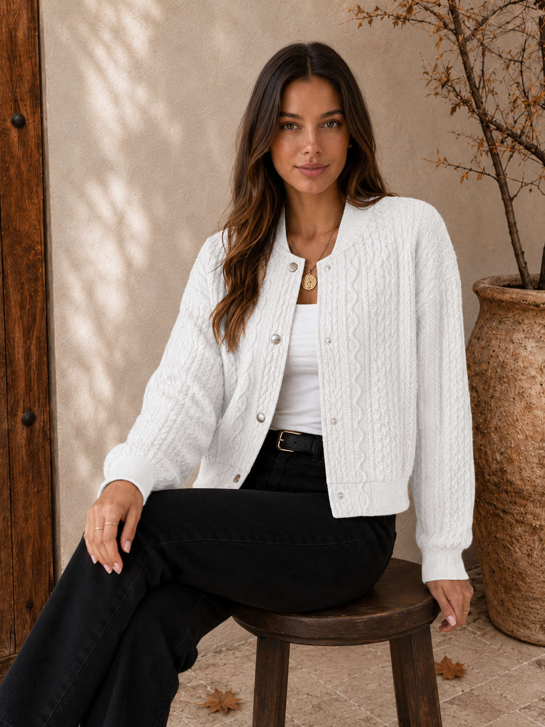 White cable knit snap-button cardigan for women