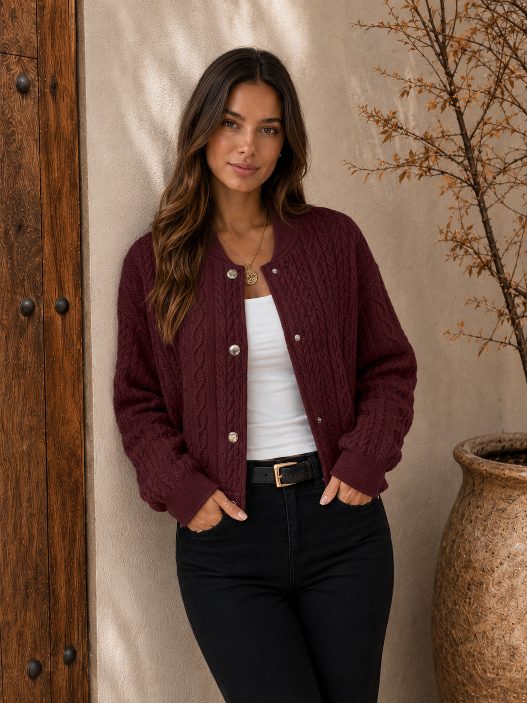 Dark red cable knit snap-button cardigan for women