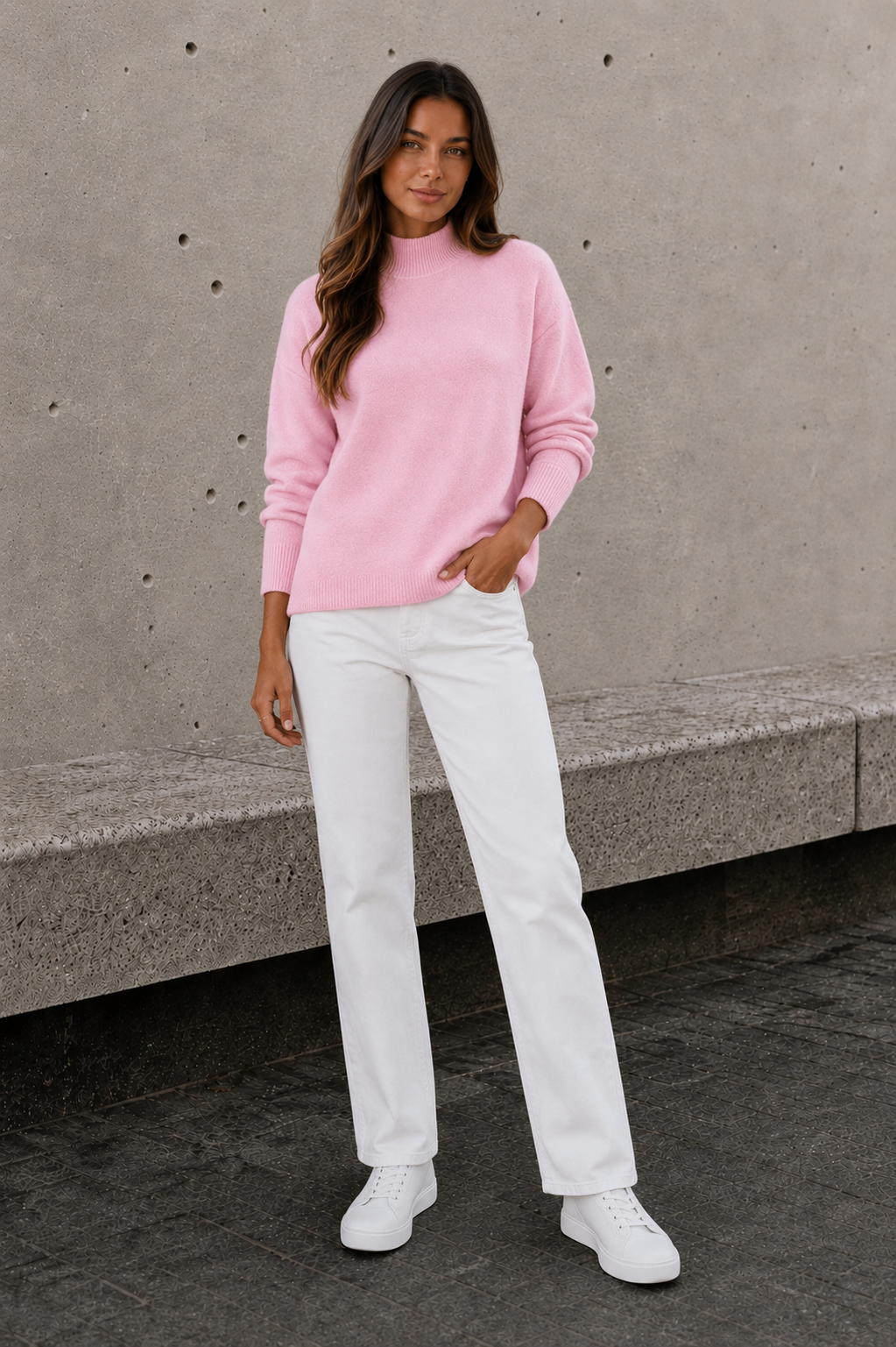Women's high neck knitted sweater with ribbed hem and relaxed silhouette