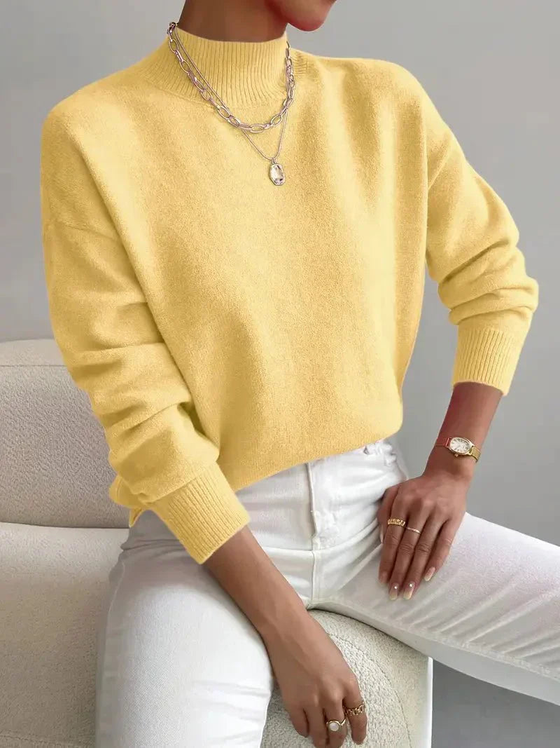Knitted cotton blend sweater for women with high neckline and regular length