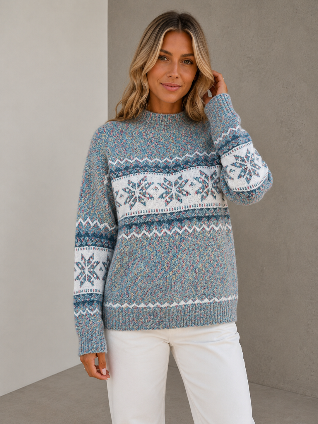 Blue Nordic knit sweater women with crew neck and geometric pattern