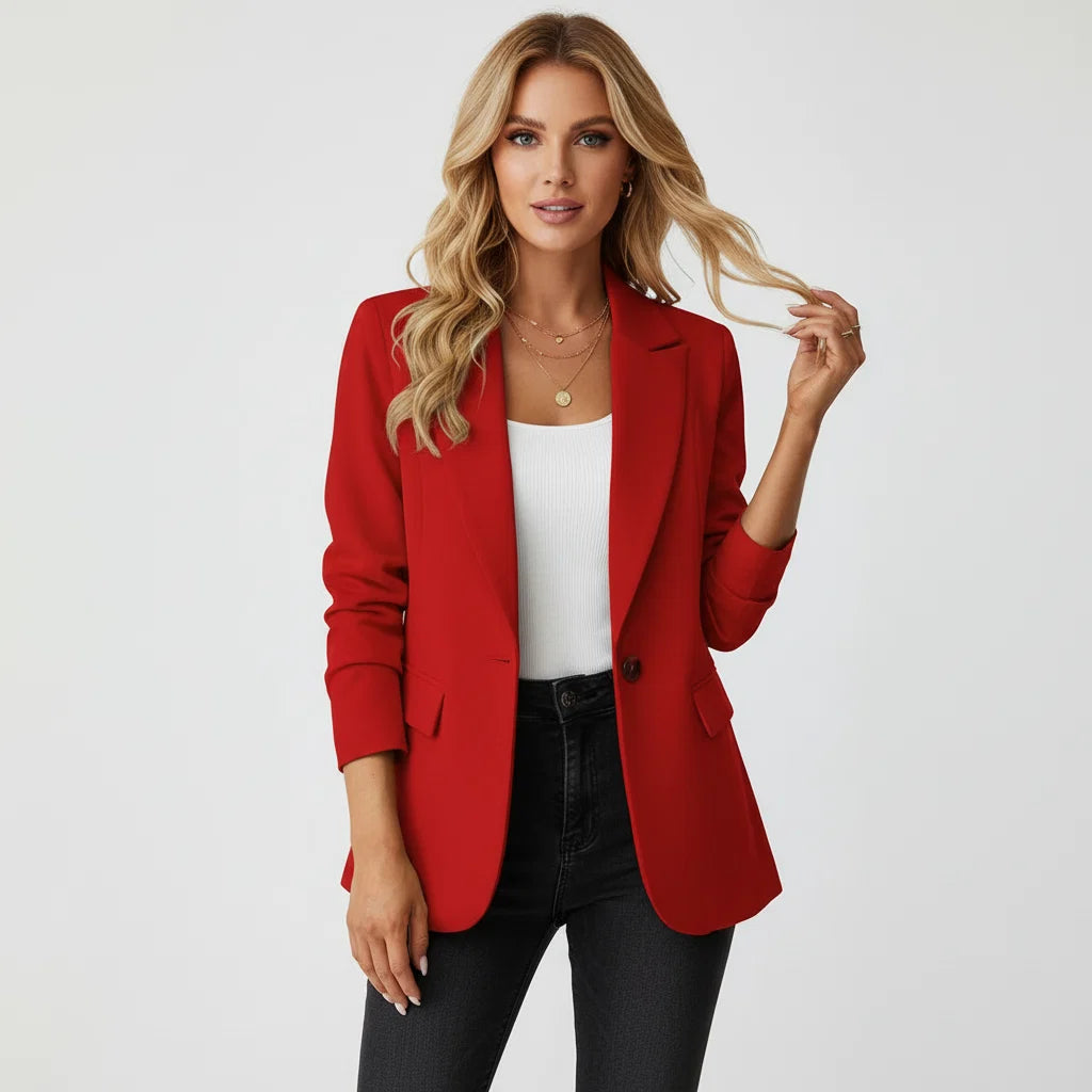 Red fitted blazer with notched lapel for women