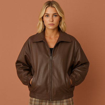 Women's faux leather bomber jacket with front zipper, wide collar, and elastic cuffs