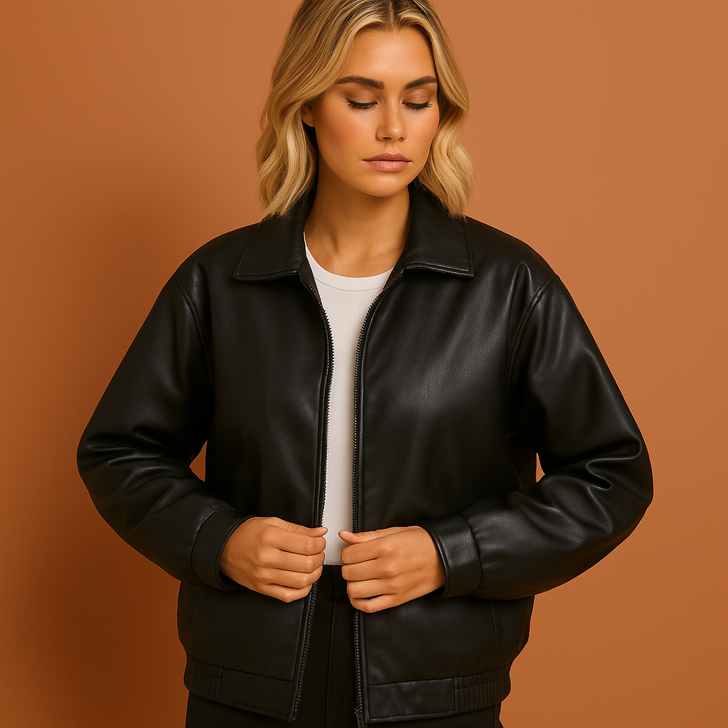 Faux leather women's bomber jacket with elastic hem, side pockets, and relaxed oversized fit