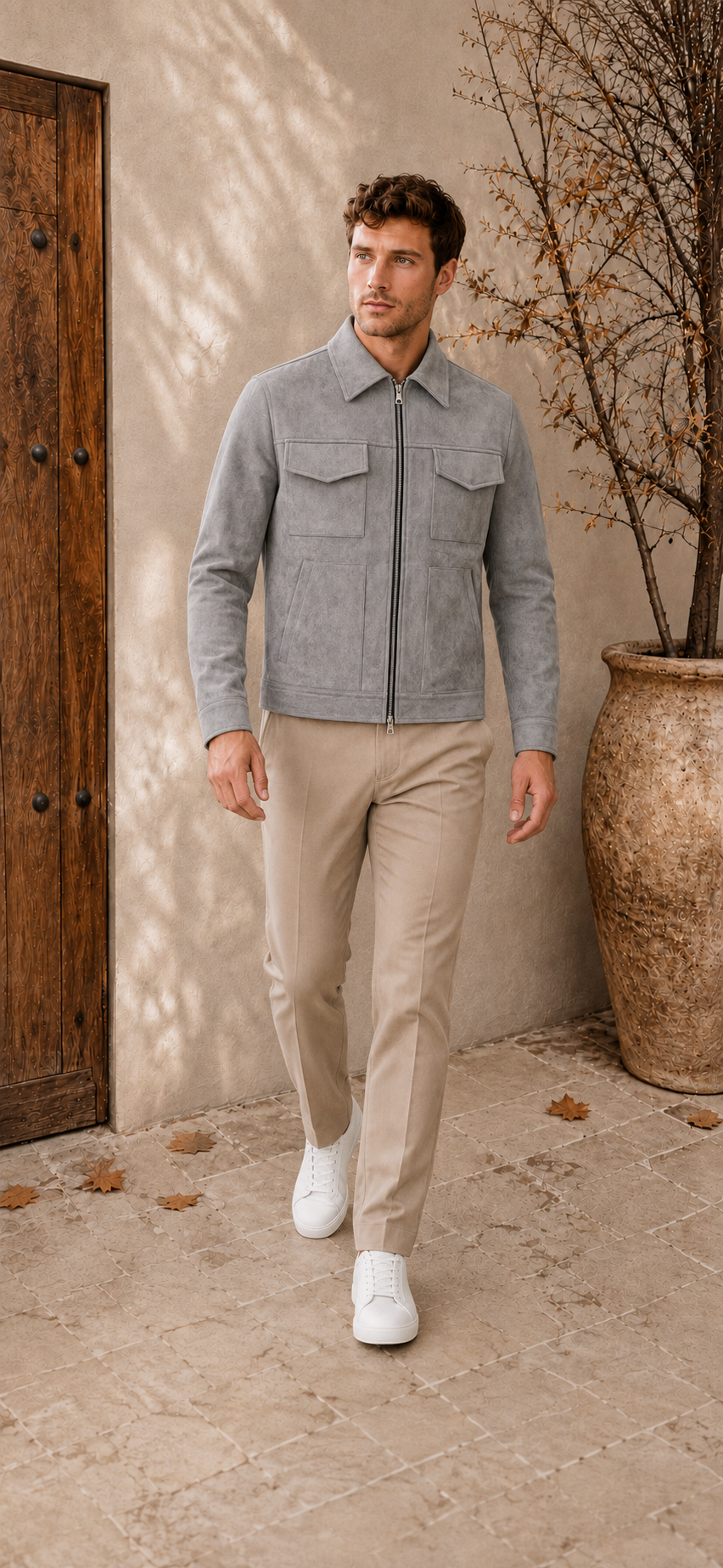 Gray men's utility jacket with front zipper and flap pockets