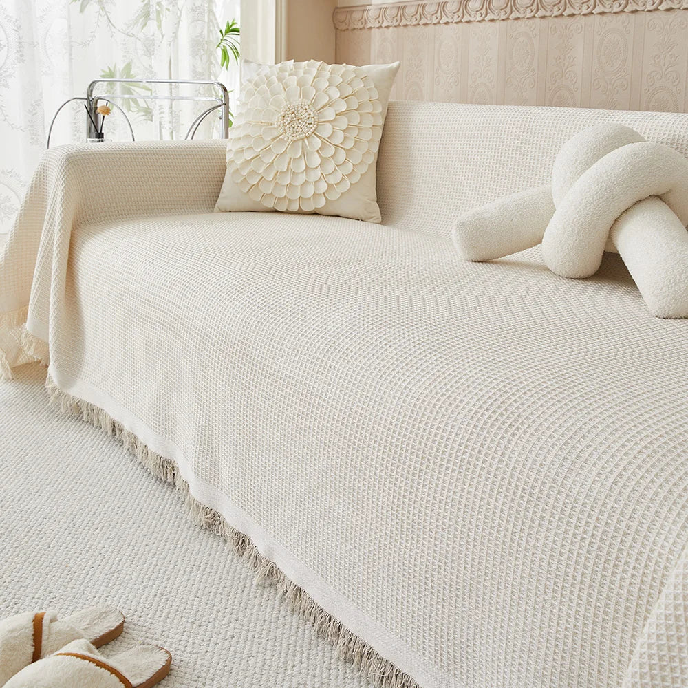 Waffle texture sofa cover styled in a modern living room setting