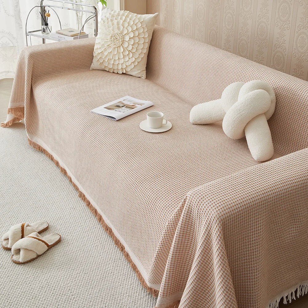 Waffle texture sofa cover flat lay showing full size and coverage