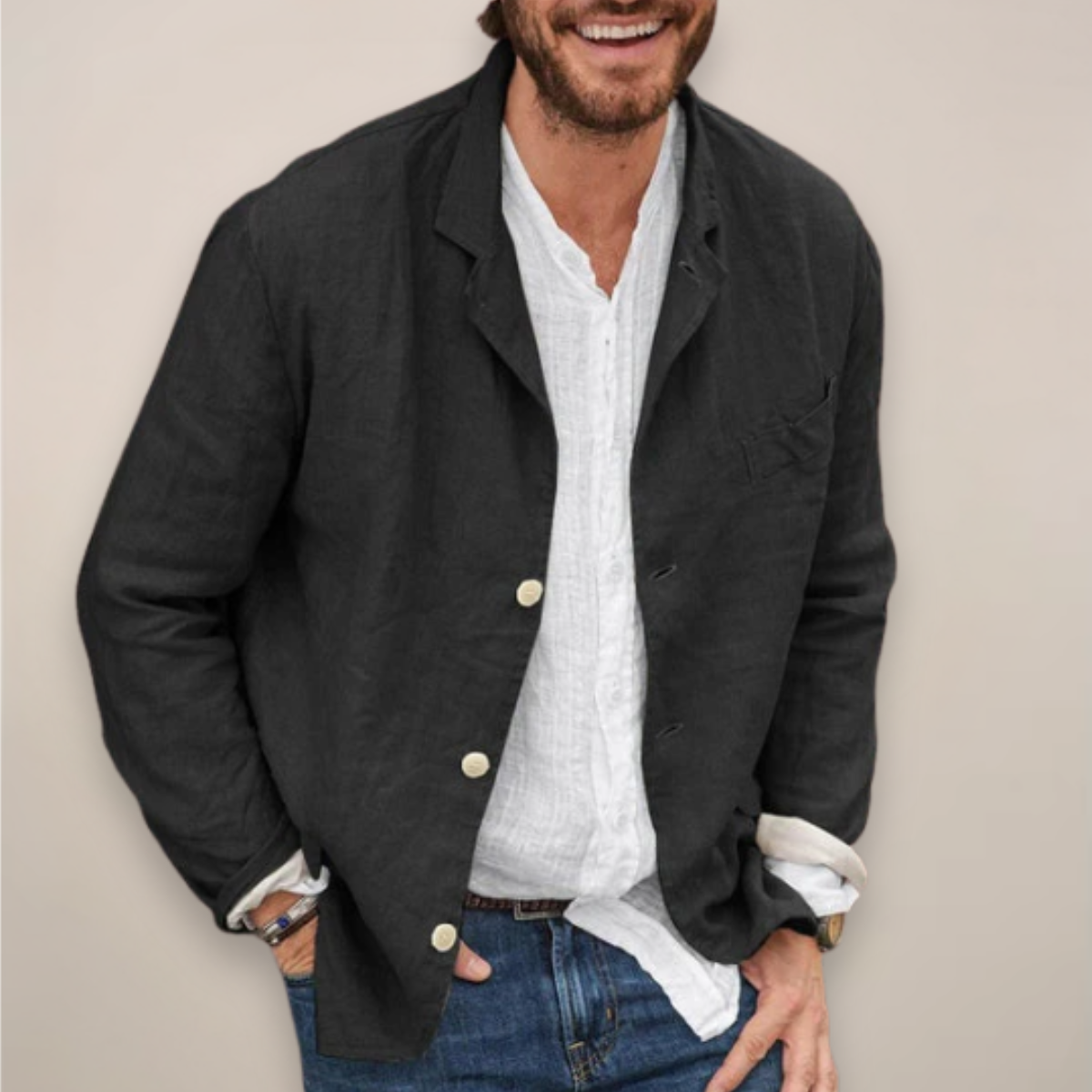Men's lightweight jacket with chest pocket, button cuffs, and straight hem