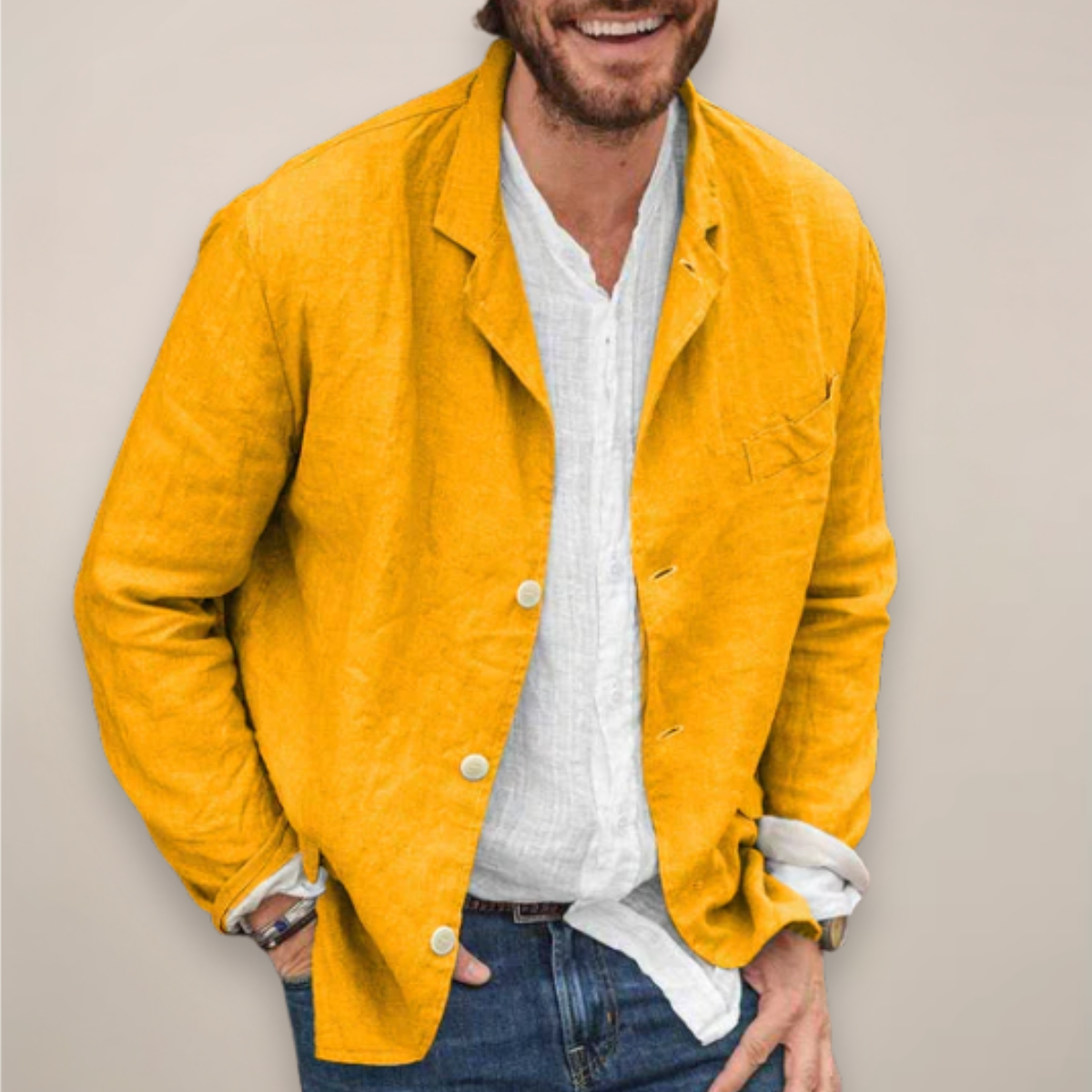 Men's woven spring jacket with classic collar, chest pocket, and button closure