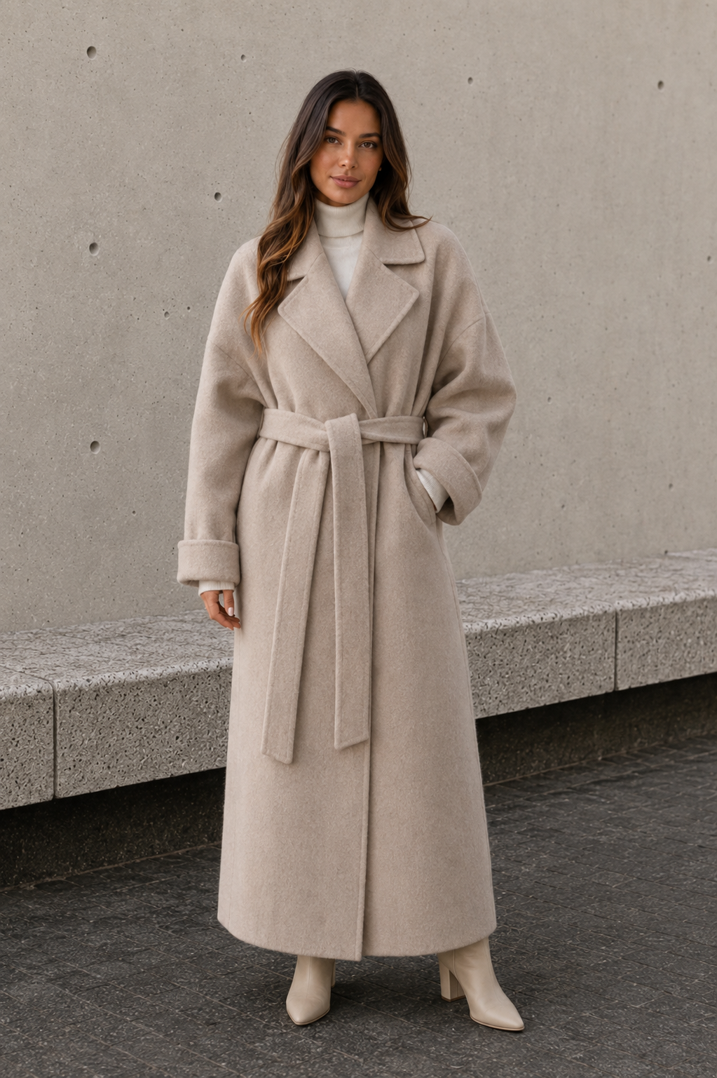 Beige women's long polyester coat with waist belt