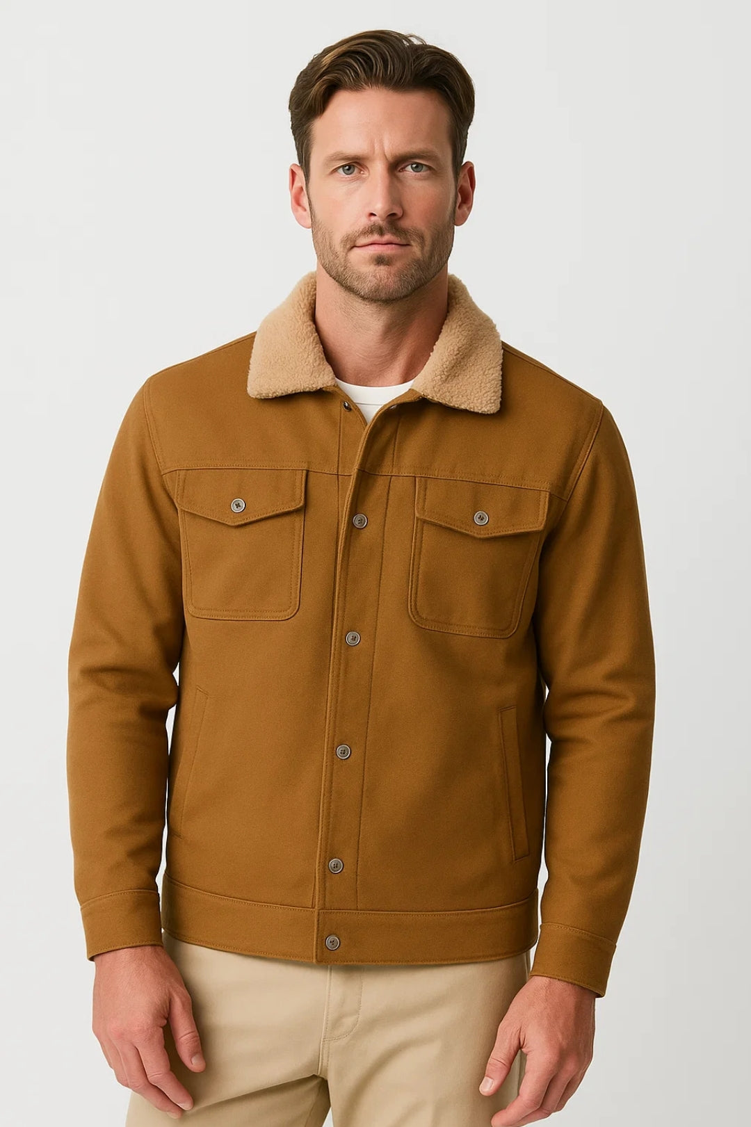Men's button-up jacket with shearling-look lined collar, buttoned cuffs, and chest flap pockets