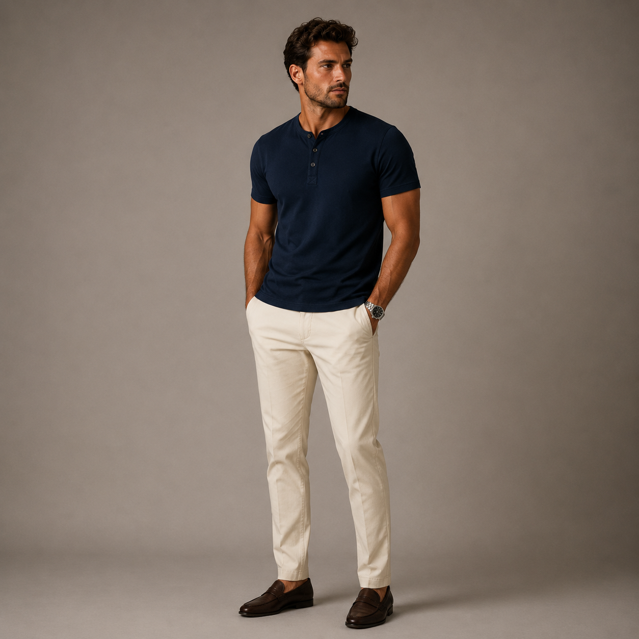 Men's Henley T-shirt with partial button placket