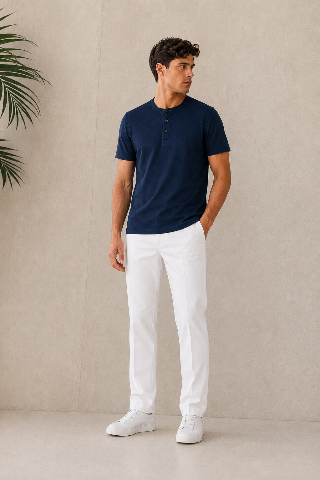 Casual short sleeve shirt with Henley neckline