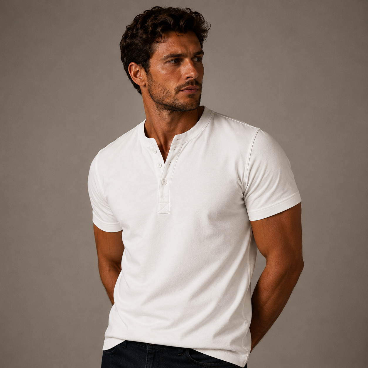 Henley neckline detail on men's casual T-shirt
