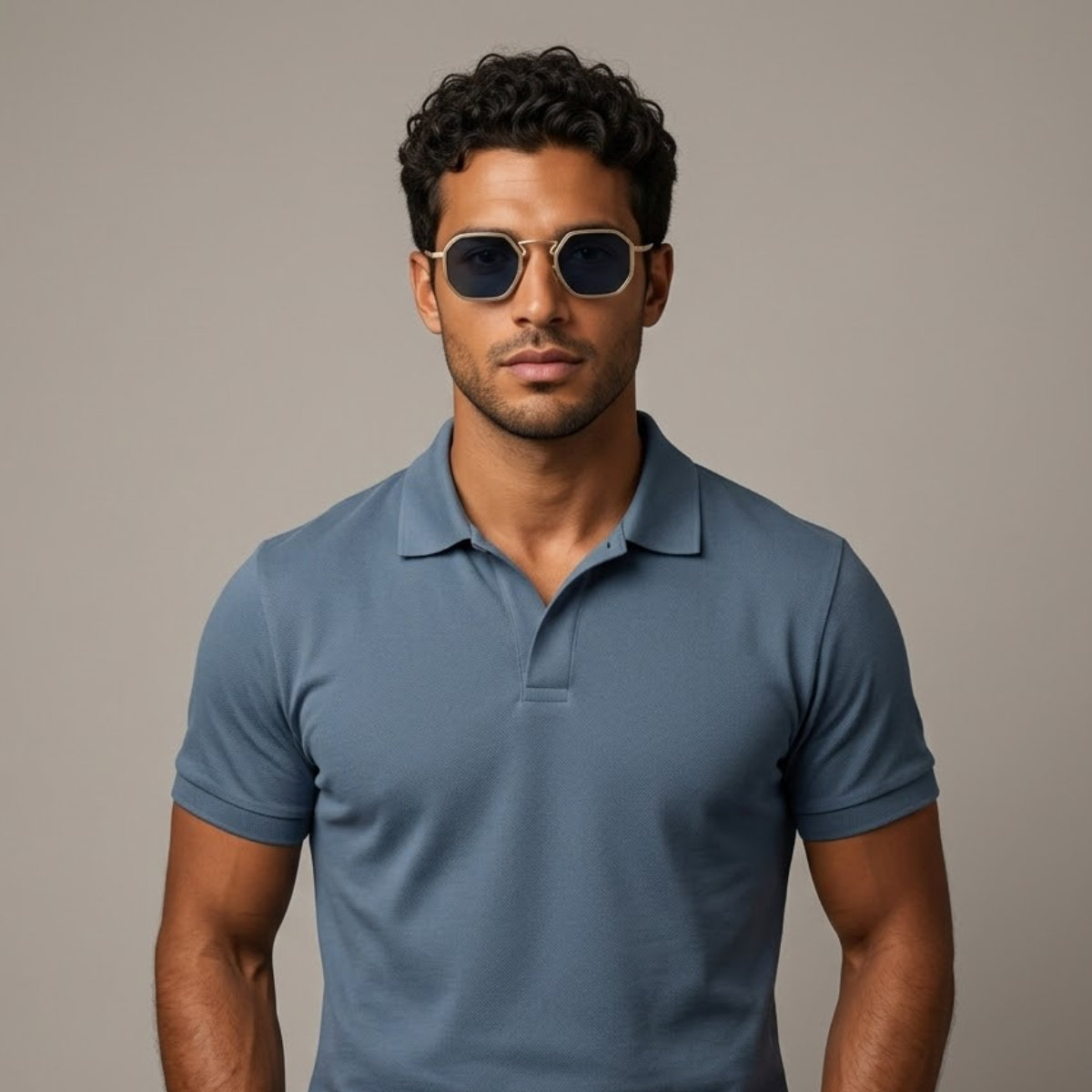 Front view of men's geometric full rim sunglasses