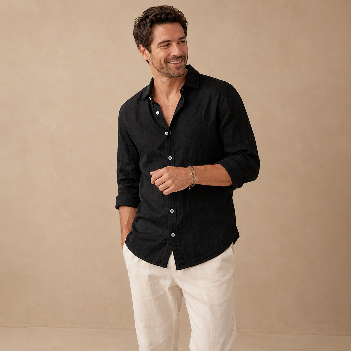 Front button detail on men's linen shirt
