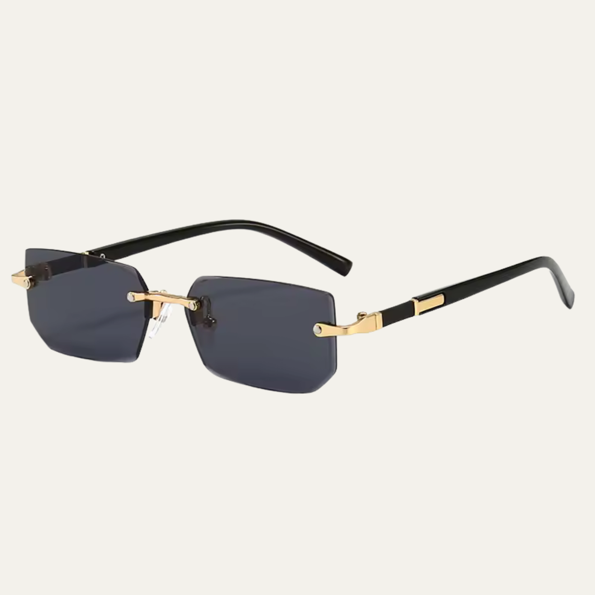 Front angle view of rimless rectangular sunglasses