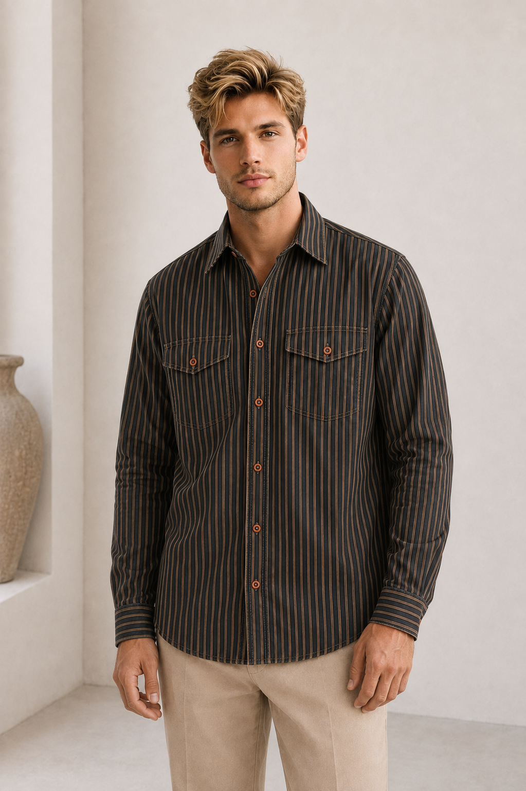 Cotton Striped Shirt Button Up Men