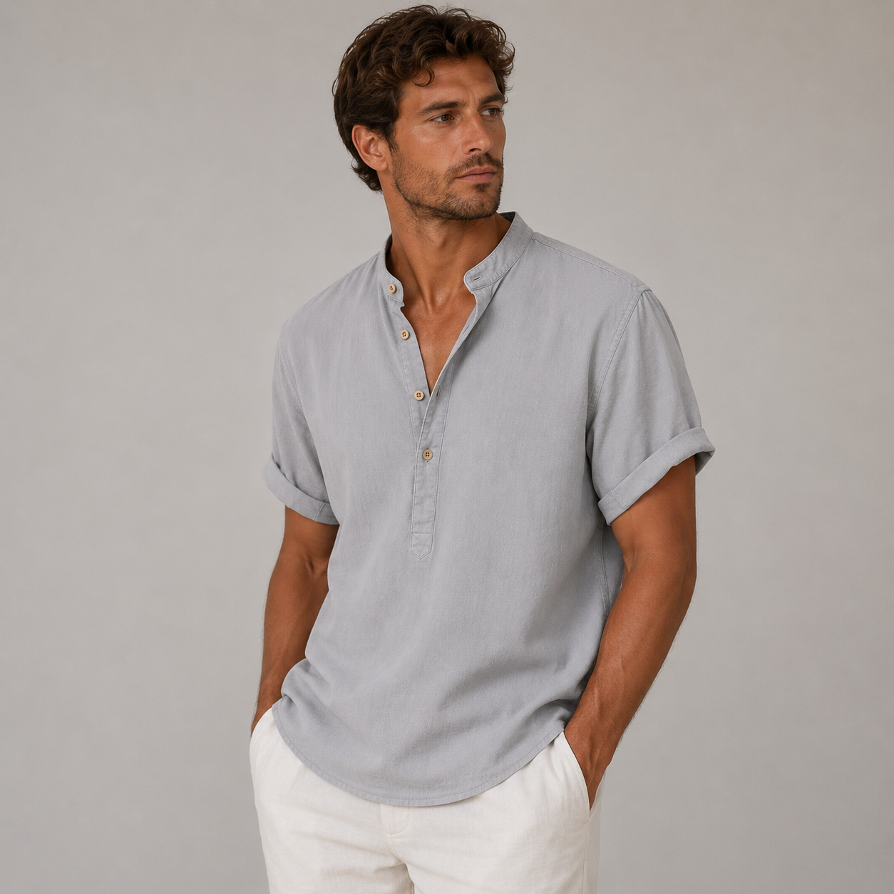 Men's collarless shirt with short button placket