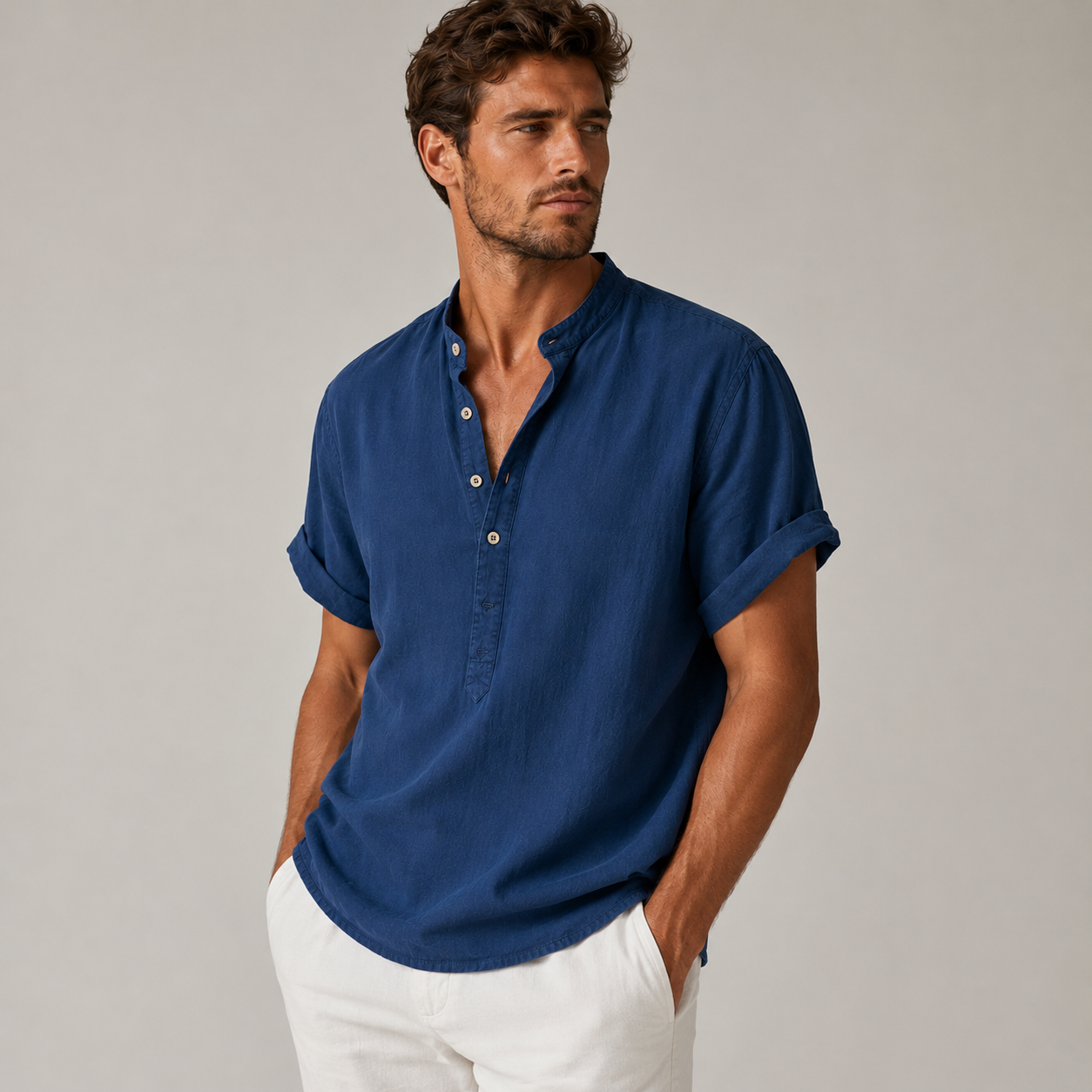Men's casual pullover shirt with curved hem