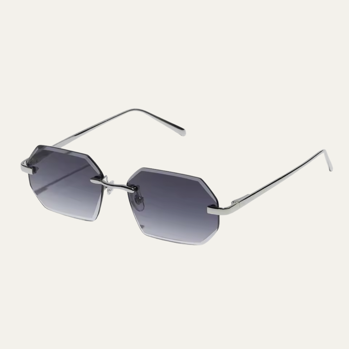 Front angle view of rimless geometric gradient sunglasses