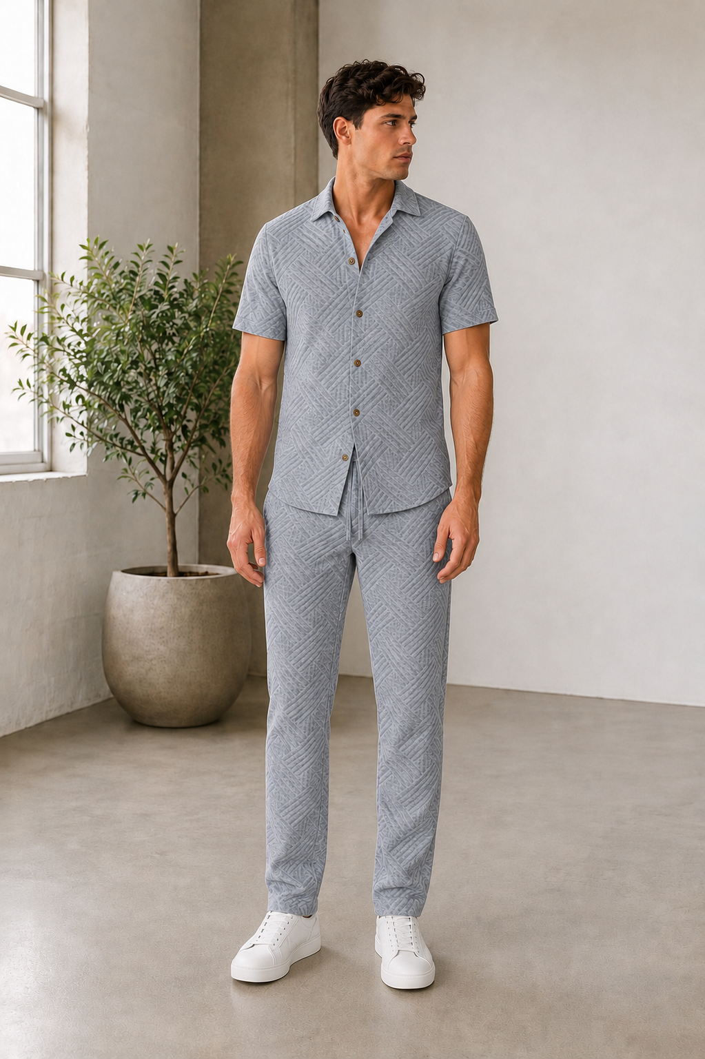 Coordinated two piece outfit with full length trousers