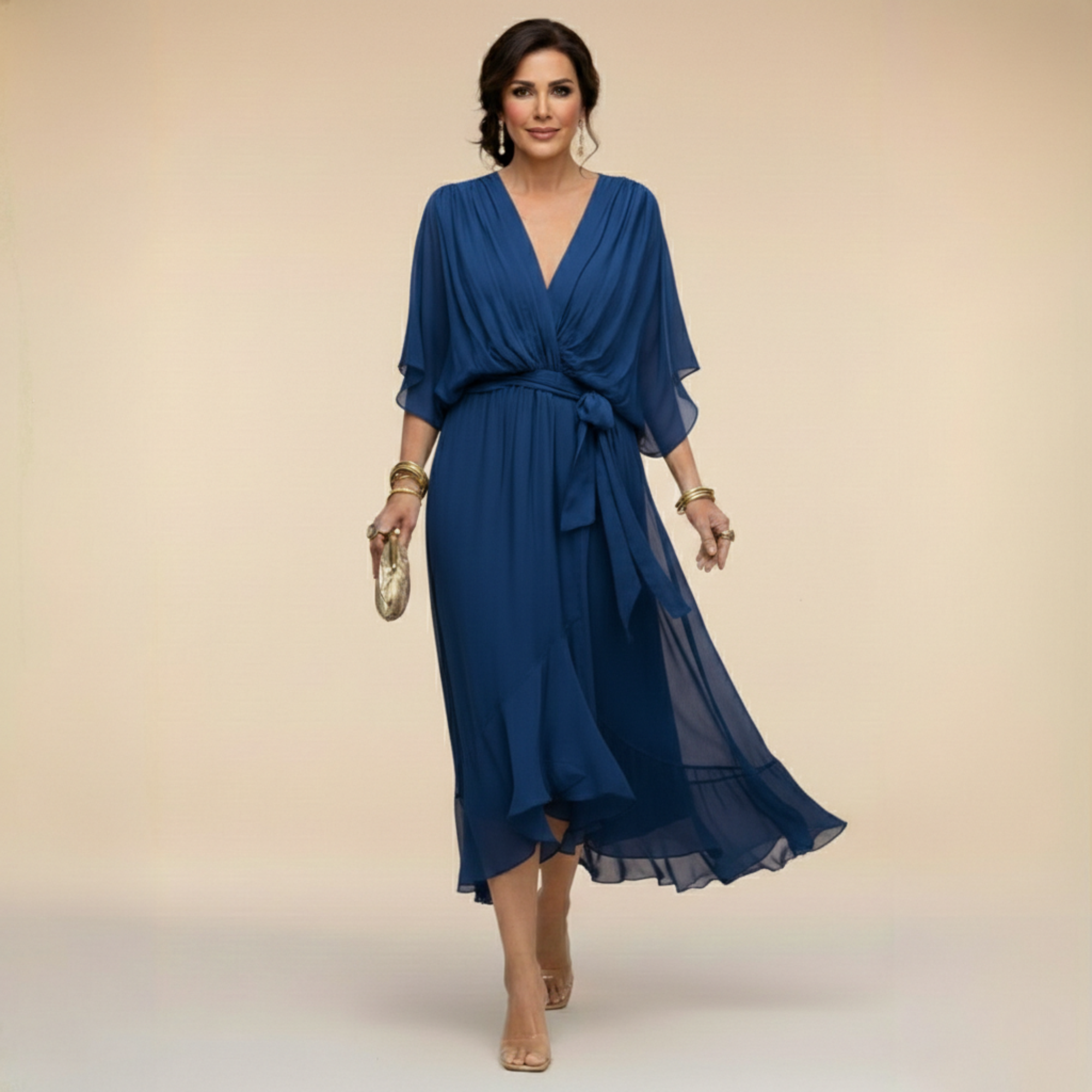 Women's lightweight wrap midi dress with V-neckline and relaxed draped fit