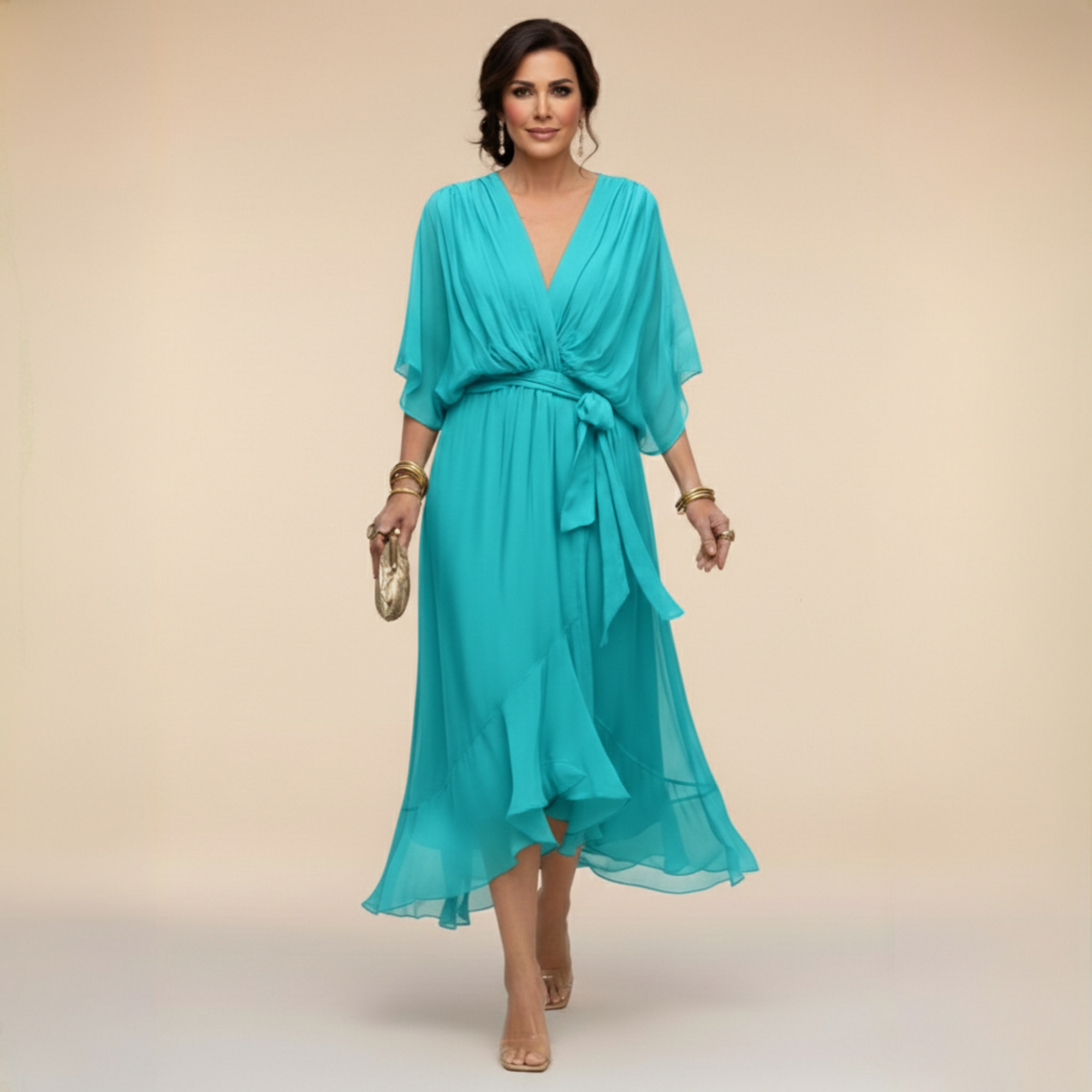 Women's draped wrap midi dress with wide sleeves and adjustable knotted waistband