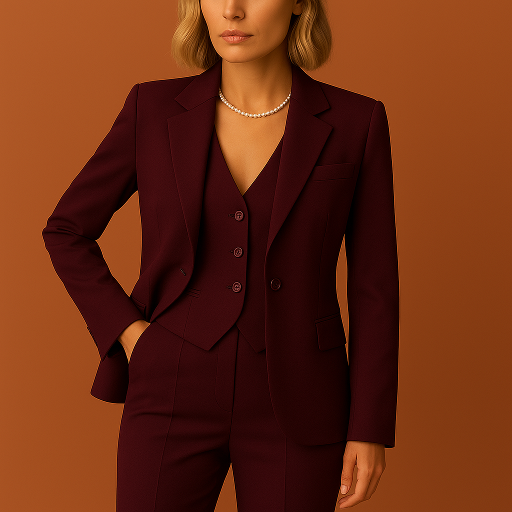 Women's tailored blazer set with lapel collar, front button closure, and coordinating vest and straight-leg trousers