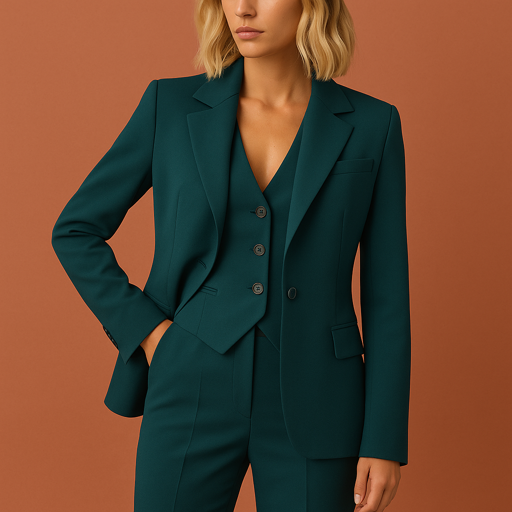 Three-piece women's suit set featuring a long-sleeve blazer with flap pockets, button-front vest, and tailored trousers
