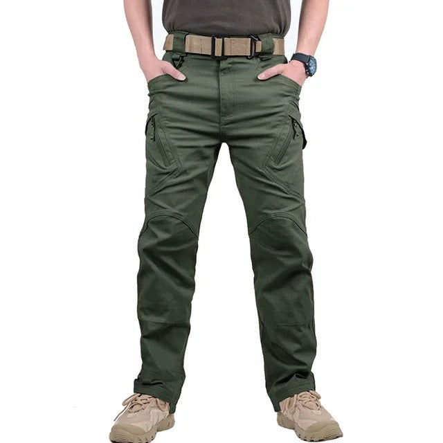 Men's cargo pants in a woven fabric with multiple cargo pockets and adjustable hem