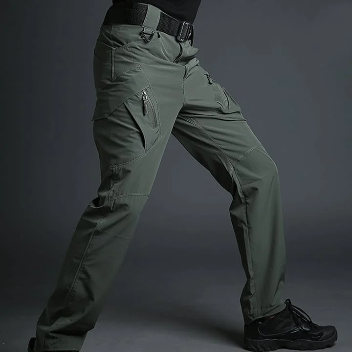 Men's full-length cargo pants with adjustable hem, cargo pockets, and reinforced seam detailing