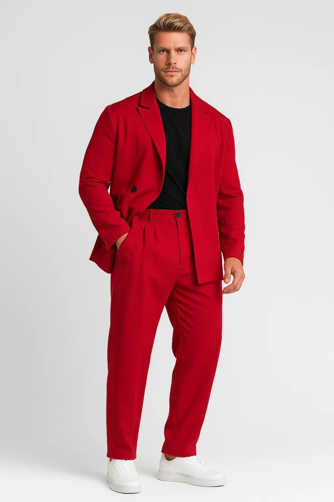 Men's relaxed fit blazer and trousers set with lapel collar and waistband with belt loops