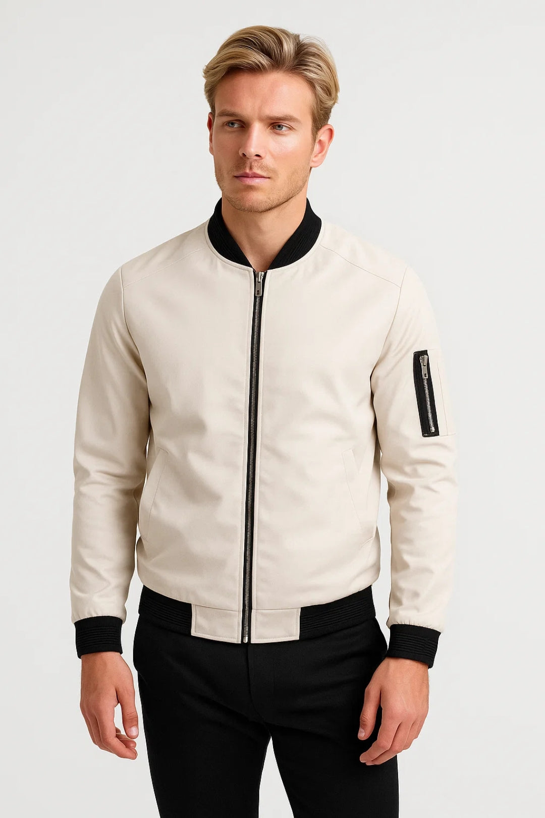Men's slim fit bomber jacket with ribbed contrast collar and front zipper closure