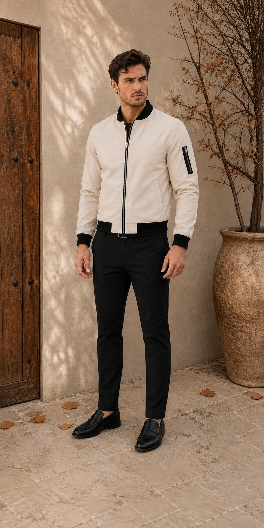 Men's slim fit bomber jacket with ribbed contrast collar and front zipper closure