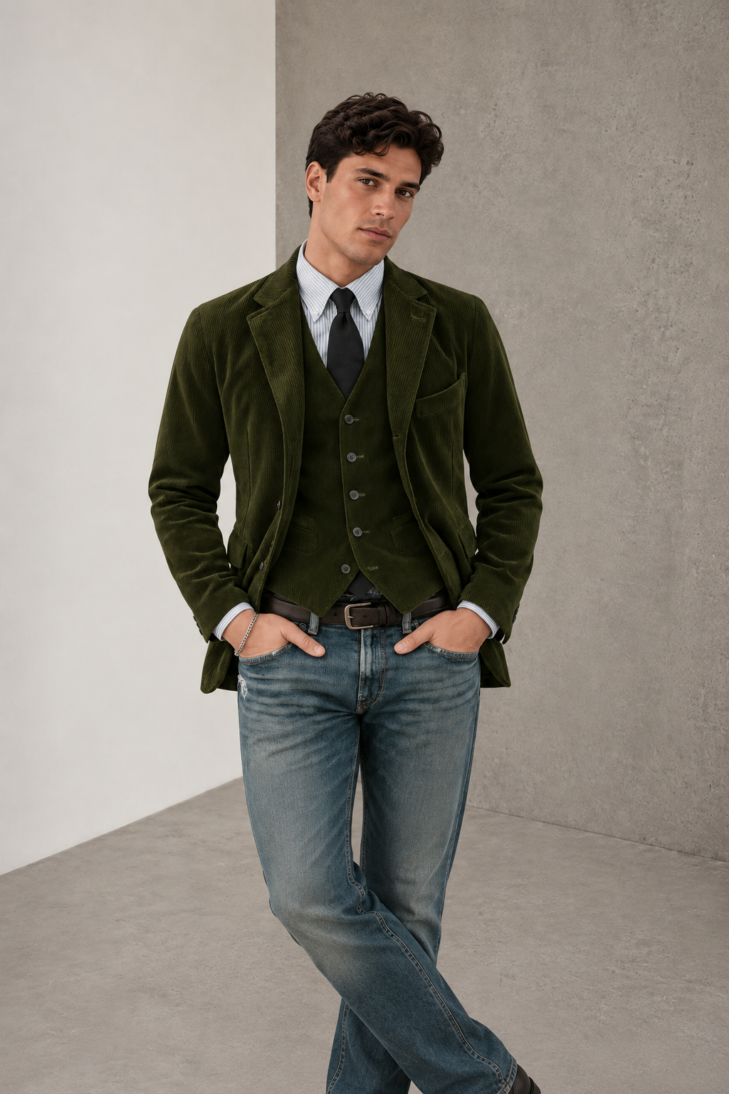 Green corduroy jacket men front view