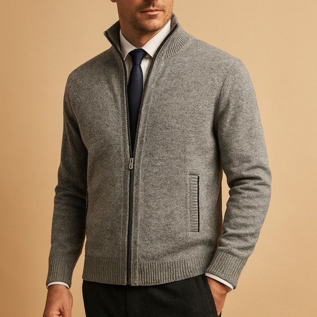 Stickad kofta i ullblandning med dragkedja för män