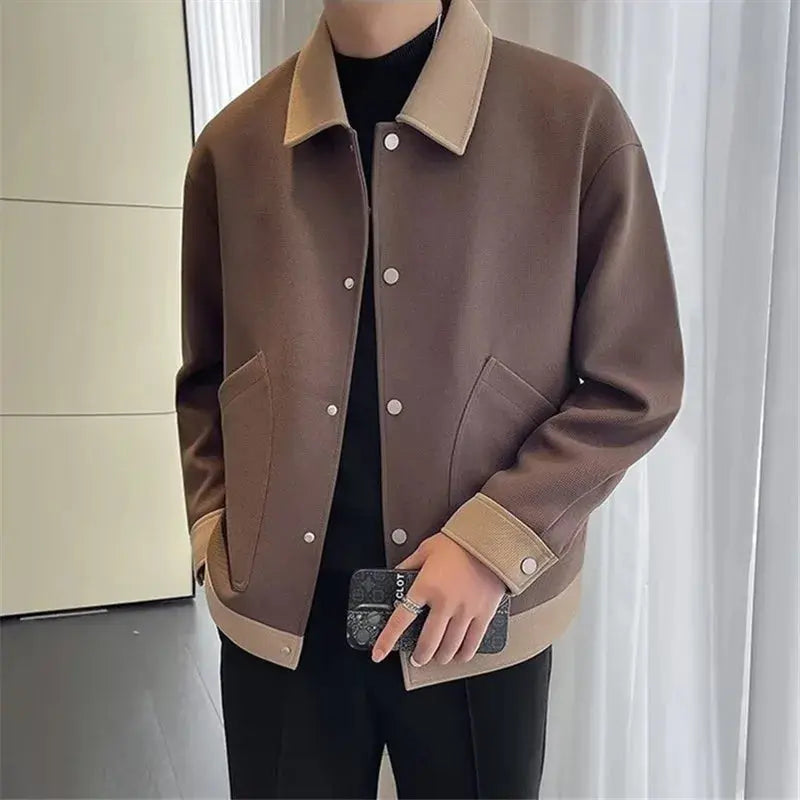 Men's polyester-blend jacket with snap-button front and classic collar
