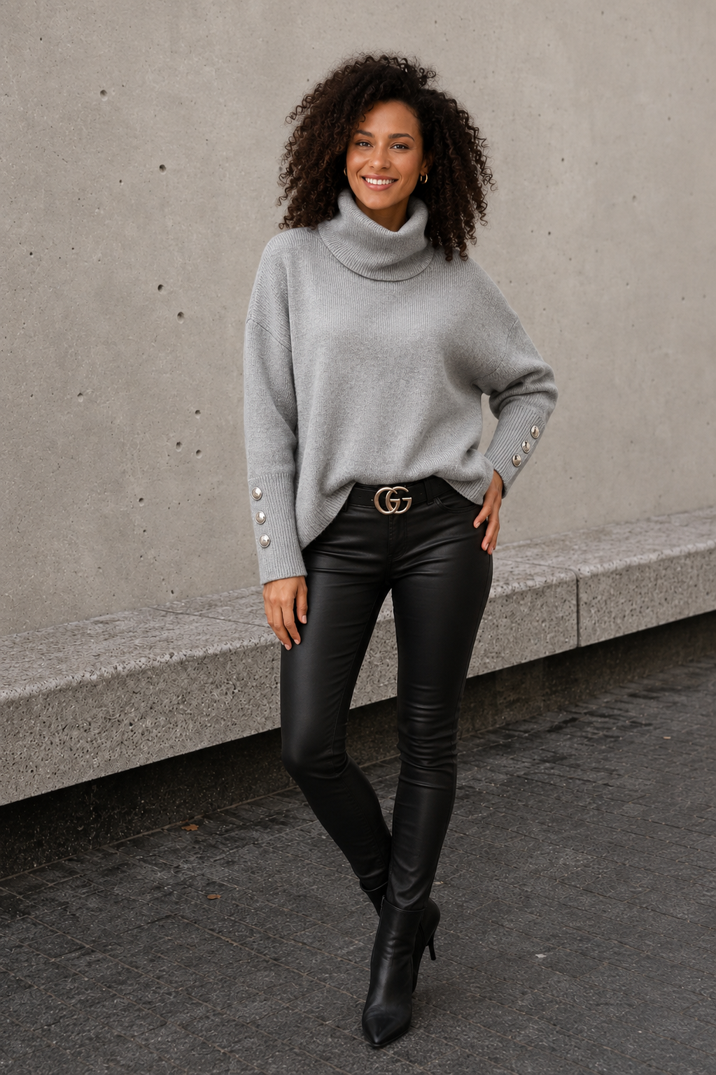 Light gray knitted polo sweater women with button sleeves