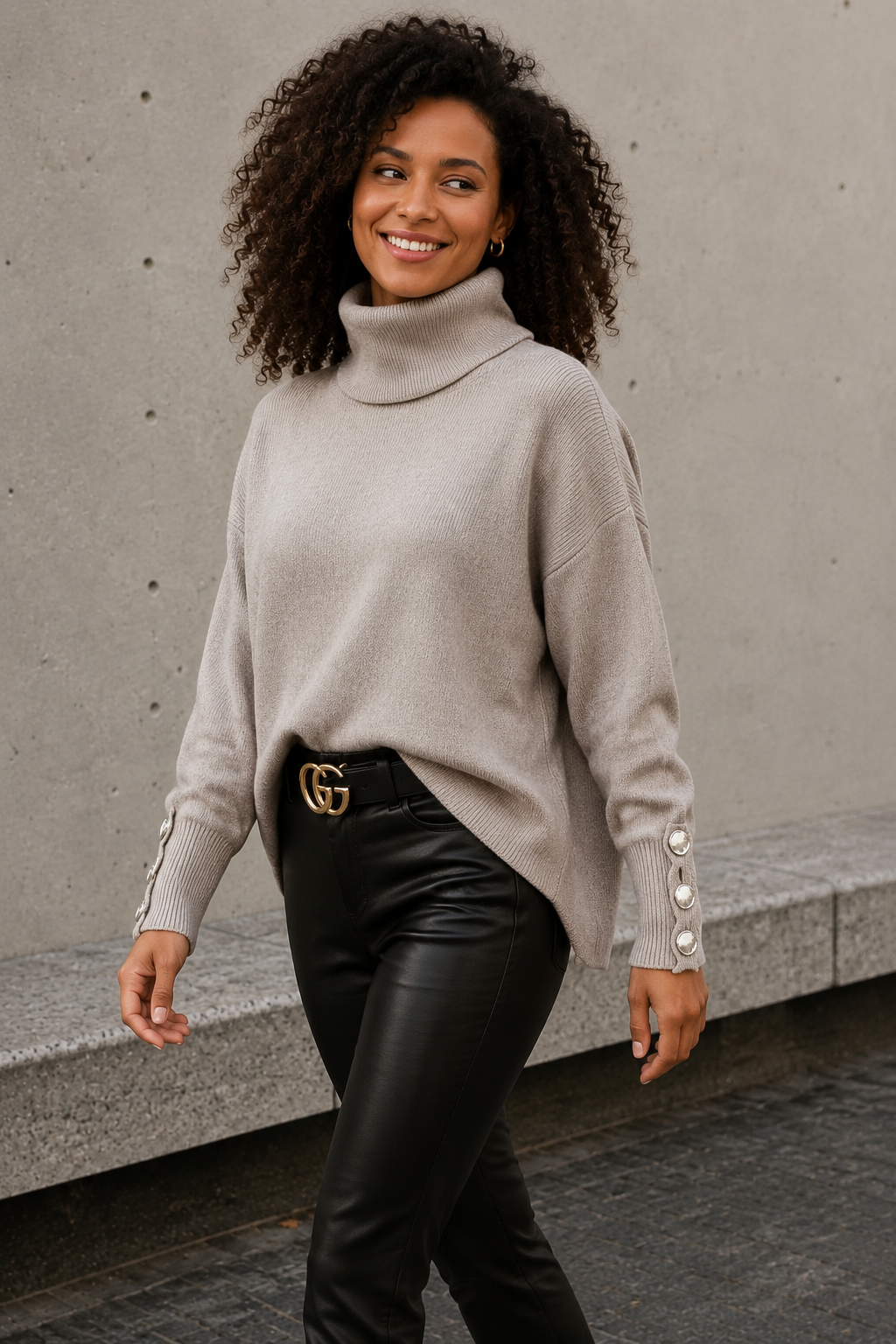 Beige wool blend polo sweater women styled with black trousers