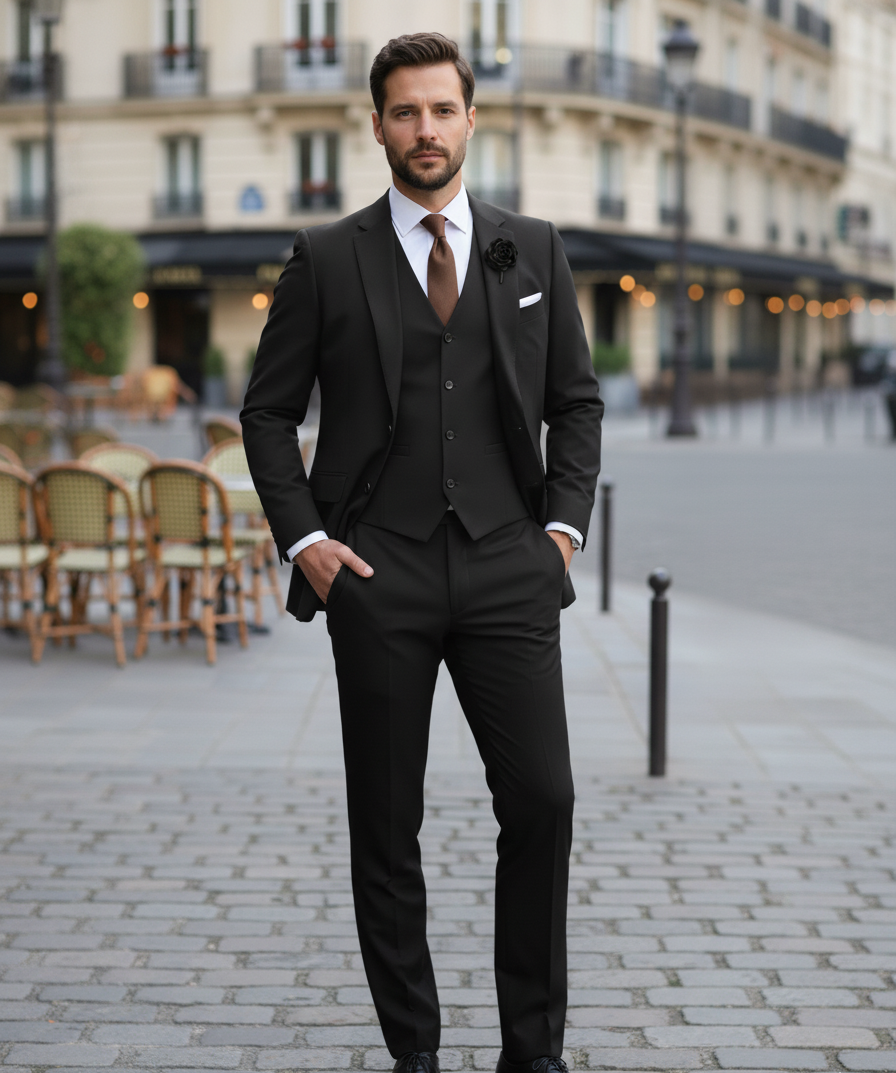 Skräddarsydd kostym med kavaj, väst och byxor för formella tillfällen