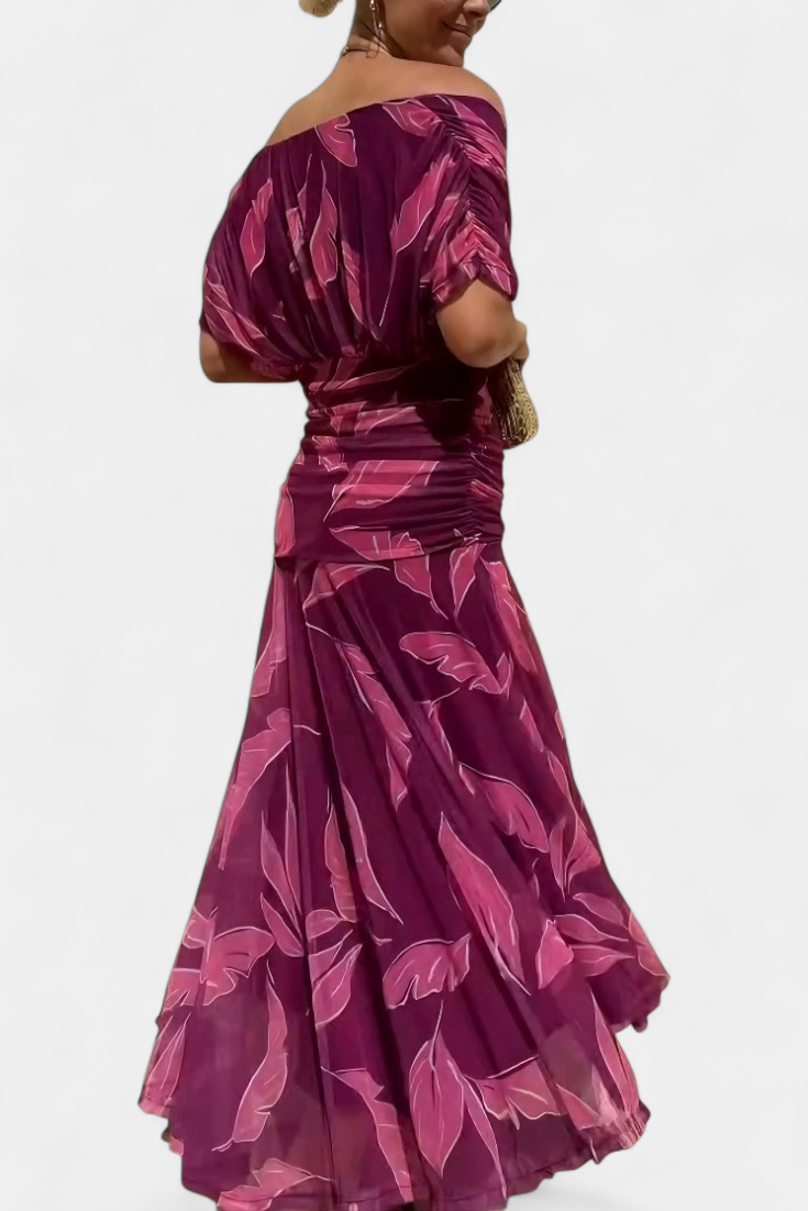 Off-shoulder maxi dress with twisted neckline detail and maxi-length skirt