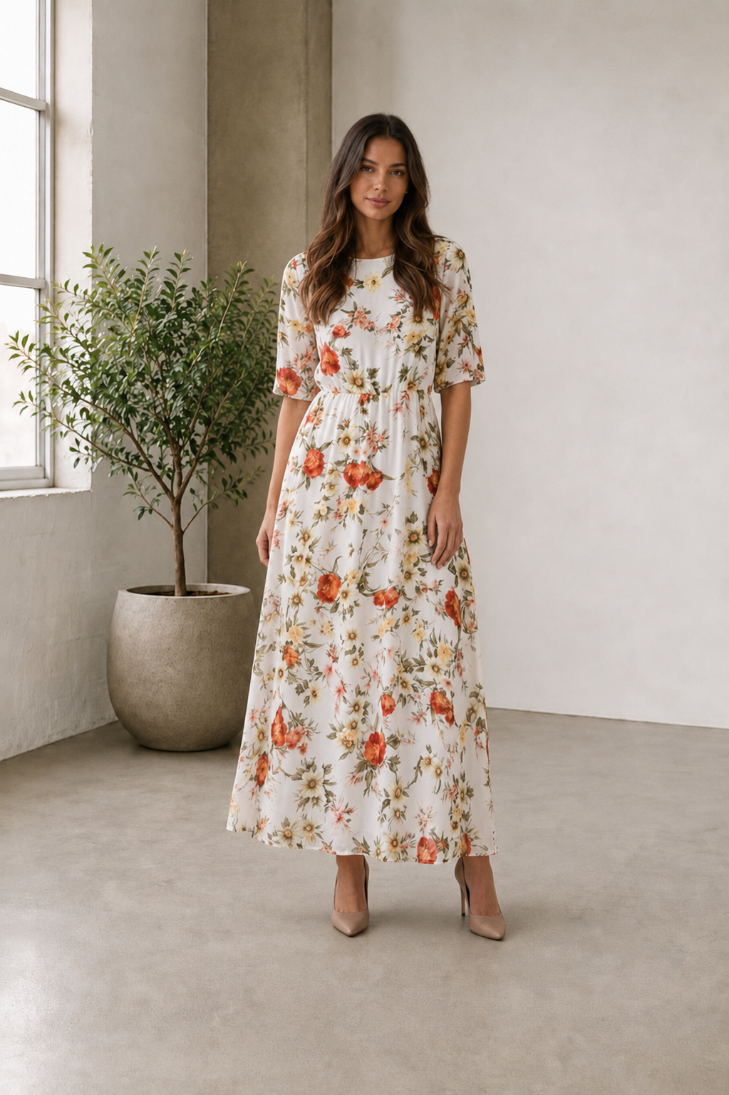 Women's White Floral Print V-Neck Maxi Dress