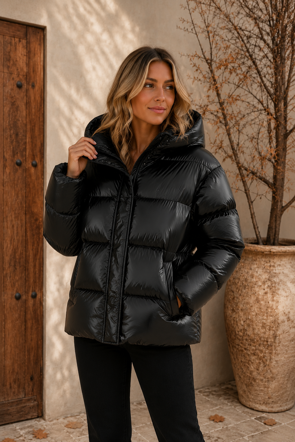 Women's black shiny puffer jacket with hood