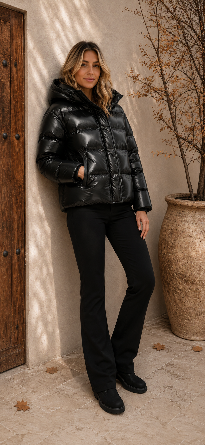 Black women's quilted puffer jacket with front zipper